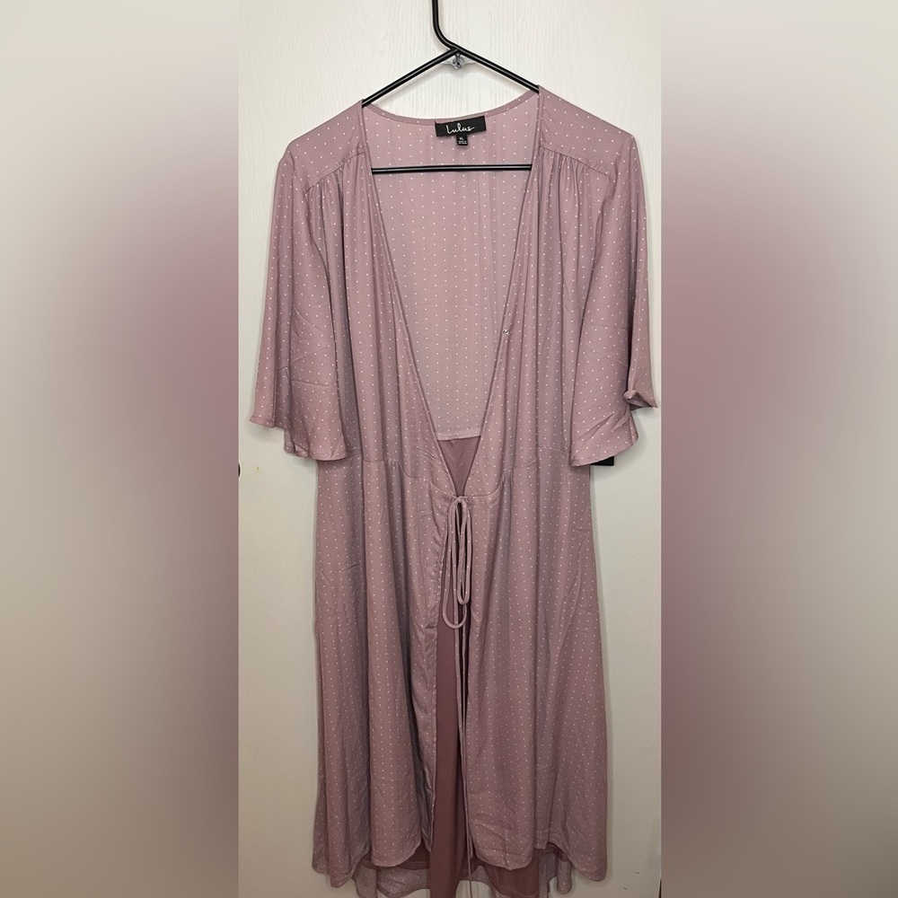 Lulus Long Polyester Kimono Robe With Tie, Pink With White Flecks, XL